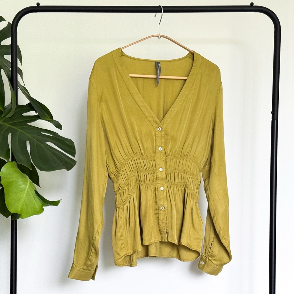 By Anthropologie Smocked Satin Blouse Chartreuse - Size Small